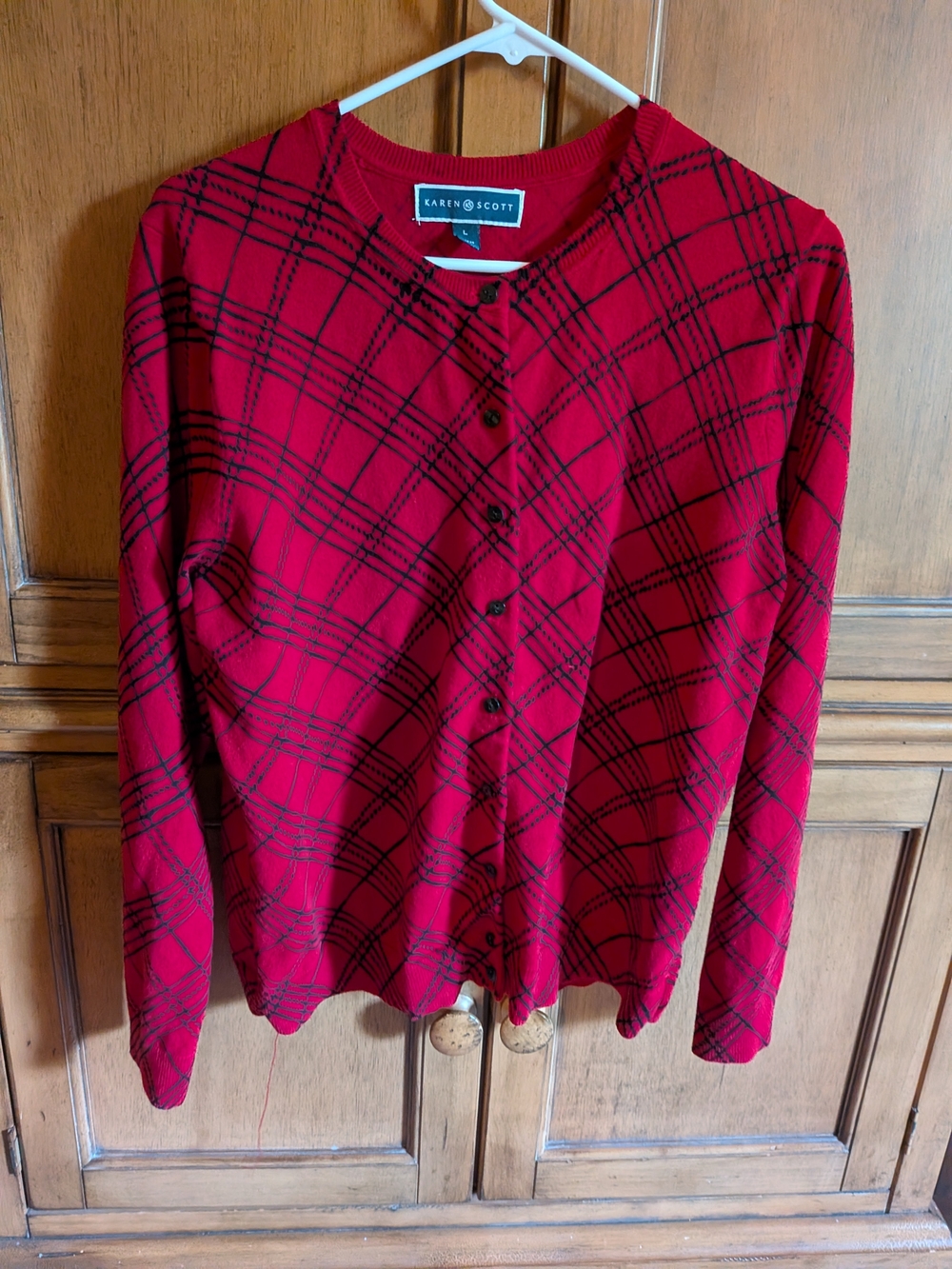 Karen Scott Red and Black Plaid Button-Up Cardigan